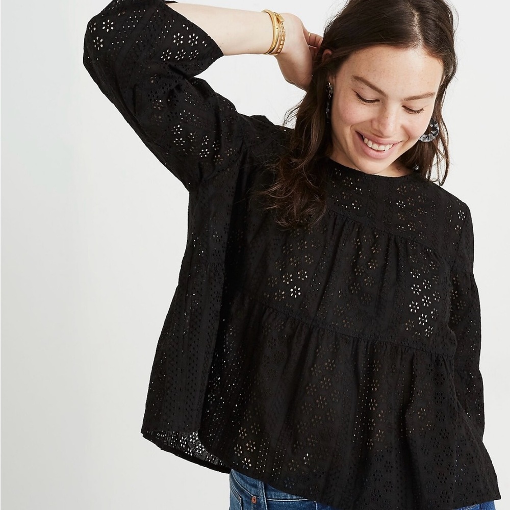 Madewell Black Eyelet Tiered Button Back Long Sleeve Blouse/Top. Size Xxs.